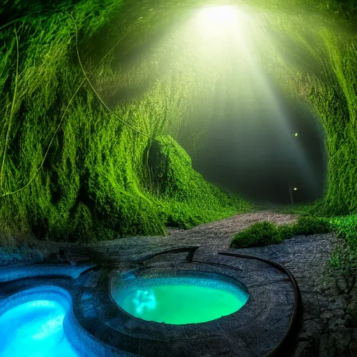 Image similar to a professional photograph of a glowing cave hidden by a curtain of vines and hidden by lush green vines, small pool of water, trickling water, stone, hidden, forest, night, glow, magical, magic, fantasy, high quality, highly detailed, award-winning, awe-inspiring, spectacular, HD, 4K, 8K