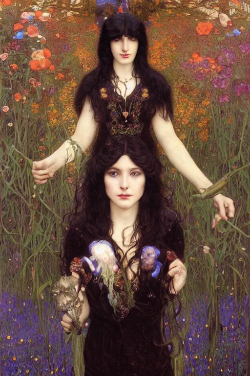 Image similar to masterpiece painting of ephemeral vampire raven haired girl by donato giancola, darius zawadzki and tom bagshaw, face by artgerm and edmund leighton, alphonse mucha, background by james jean and gustav klimt, 8 k, horror, dark color palette, volumetric lighting, porcelain skin, french nouveau, trending on pixiv