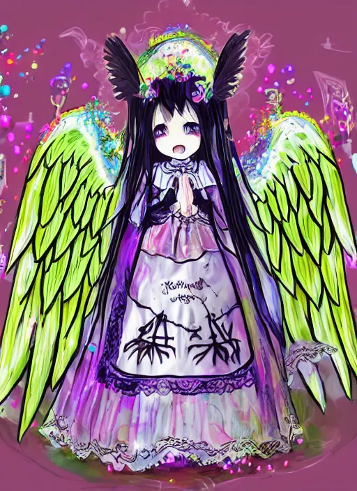 Image similar to gothic lolita cute angelic archangel, religious art watercolor slimy slime drenched skinny divine holy skellington being of glitter glue, pastel cute slime, 3 d polygon ui of neon ornamental rococo frames, maximalist decora gyaru sanrio murakami pixar concept art