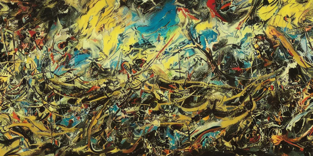 Image similar to a high quality professional 360 painting of a fantasy landscape by Jackson Pollock, detailed, elegant, intricate, 4k