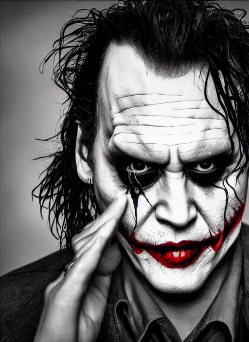 Image similar to photo of Johnny Depp as the Joker by Lee Jeffries , big smile, head shot, detailed, award winning, Sony a7R