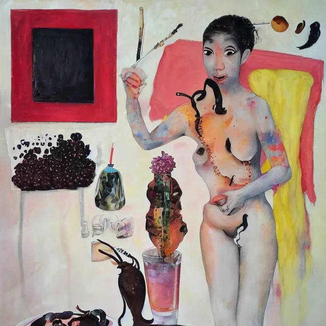 Image similar to sensual, a portrait in a female art student's bedroom, black walls, a woman drinking iced latte, pancakes, honey dripping, berries dripping, chocolate, surgical supplies, ikebana, octopus, neo - expressionism, surrealism, acrylic and spray paint and oilstick on canvas