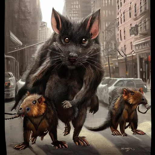 Image similar to Stunning Hyperealistic portrait of Giant Dishonored enormous furry rats roaming the city of new York.