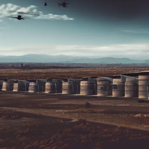 Prompt: sci fi nuclear containment buildings in an expansive river valley with a city in the distance, a sense of hope and optimism, birds overhead, stark light, day time, unsplash, national geographic, hd, high res