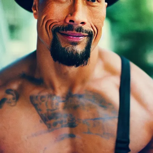 Prompt: photo of dwayne johnson with a goatee facial hair, wearing a fedora, cinestill, 8 0 0 t, 3 5 mm, full - hd