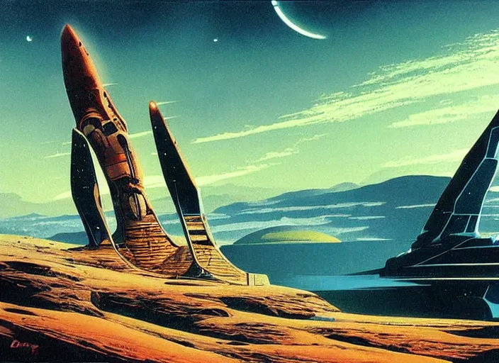 Image similar to a spaceship in a stunning landscape by dean ellis