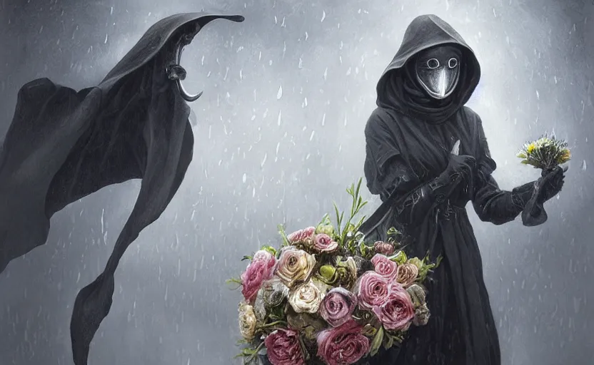 Image similar to female plague doctor holding flowers, heavy rain, wind, thunder, reflections, deep focus, d & d, fantasy, intricate, elegant, highly detailed, digital painting, artstation, concept art, matte, sharp focus, illustration, hearthstone, art by artgerm and greg rutkowski and alphonse mucha