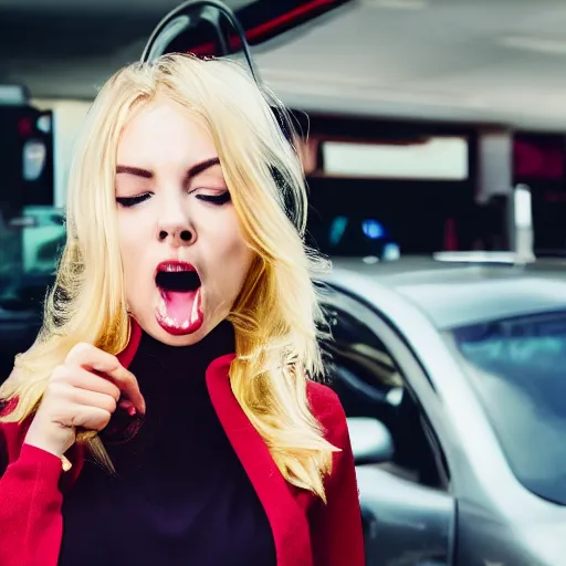 Prompt: petrol station expensive fuel blonde woman nice car cartoon style sunny weather close up shot surprised expression decent clothes