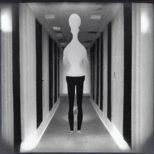 Image similar to Old polaroid of a dark spindly figure standing at the end of a dim hallway, liminal, creepypasta