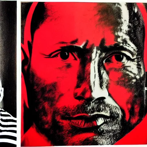 Prompt: a portrait of Dwayne Johnson, made by Andy Warhol, two tone, very high contrast, only black and white, simplistic, extremely high contrast, two tone, notan art, by Andy Warhol, minimalistic,