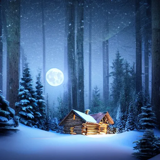 Image similar to Cabin in the woods, photorealistic, nighttime, bright moon, snow, snowy trees, snow storm, Lights from inside the house, raytracing, godrays, smokey chimney, cozy, forest, trees, extremely-detailed digital art, Trending on art station, 8k