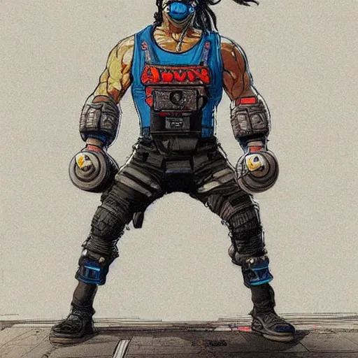 Image similar to Apex legends cyberpunk weight lifter. Concept art by James Gurney and Mœbius.