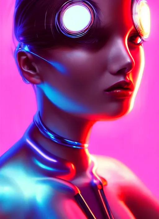 Prompt: a highly detailed long shot photo of sensual female face portrait, futurism, cyber neon lighting, detailed futuristic jewelry, futuristic glossy latex suit, profile posing, hyper photorealistic, crispy quality, digital photography, trending in pinterest, cinematic, 4 k ultra hd, art by pascal blanche, art by greg rutkowski, art by artgerm,