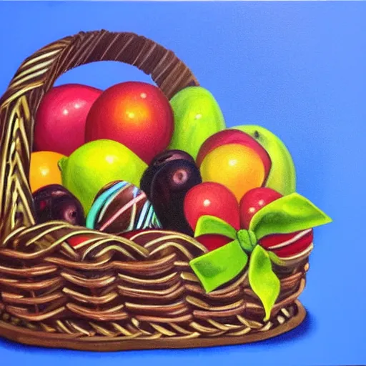 Image similar to photorealistic painting of a gift basket with fruit chocolate and toys