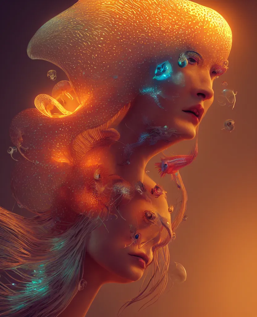 Image similar to goddess close-up portrait. orchid jellyfish phoenix head, nautilus, skull, betta fish, bioluminiscent creatures, intricate artwork by Tooth Wu and wlop and beeple. octane render, trending on artstation, greg rutkowski very coherent symmetrical artwork. cinematic, hyper realism, high detail, octane render, 8k