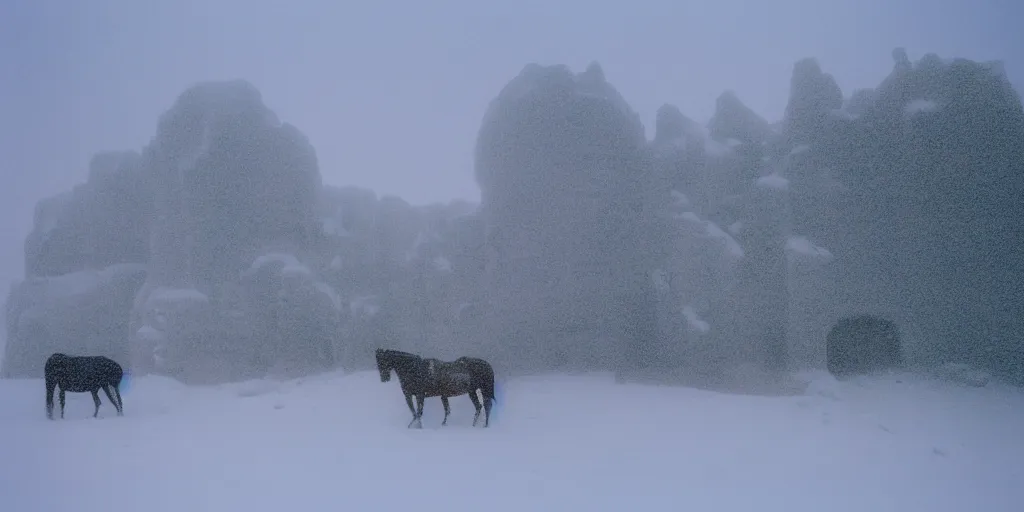 Image similar to photo of green river, wyoming, native american cliff dwellings, covered in ice and snow, during a snowstorm. a horse appears as a hazy silhouette in the distance. cold color temperature. blue hour morning light, snow storm. hazy atmosphere. humidity haze. kodak ektachrome, greenish expired film, award winning, low contrast.