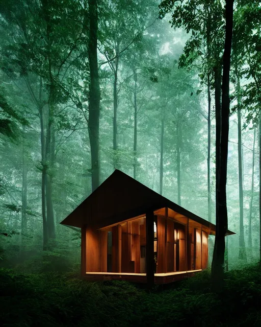 Image similar to an exquisite wooden house in the middle of a lush forest at night, minimalist design, architectural photography, dark and dim lighting, beautiful, tranquil, moody, cinematic, fantasy, 3 5 mm lens, volumetric lighting, first person view, photographic render, hyper realistic