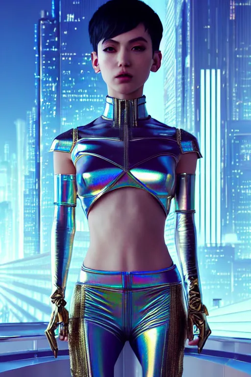 Prompt: hyperdetailed wide shot of one stunningly beautiful european girl with very short hair androgynous guard made of iridescent metals, in the cybercity inspired by ross tran and wlop and masamune shirow and kuvshinov, concept art, intricate, photorealistic, octane render, rtx, hdr, unreal engine, dnd digital art by artgerm