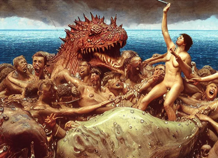 Image similar to wet slimy godzilla attacking the raft of the medusa, painting by lawrance alma - tadema by roger corman by richard corben by rick baker, 4 k, hyper - realistic, highly detailed