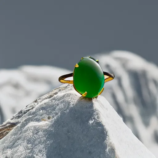 Prompt: a jade ring is sitting on the peak of mount everest, clear focus, bokeh effect, high res, hasselblad, dslr