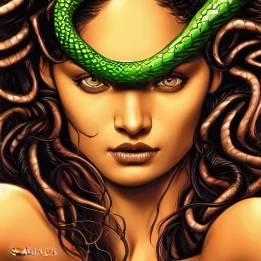 Prompt: Shanina Shaik as Medusa, snakes for hair, highly detailed, digital painting, artstation, concept art, smooth, sharp focus, illustration, art by Chris Achilleos and artgerm, in the style of Medusa (1988) by Chris Achilleos.