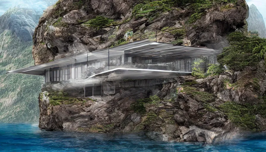 Prompt: a hydroelectric villa on the peak of a mountain, detailed matte painting, concept art