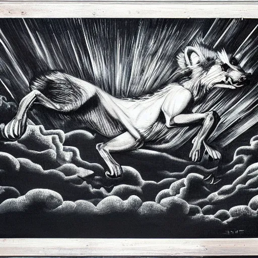 Prompt: escher oil painting of a giant hyena made of electricity, leaping through the sky, apocalyptic