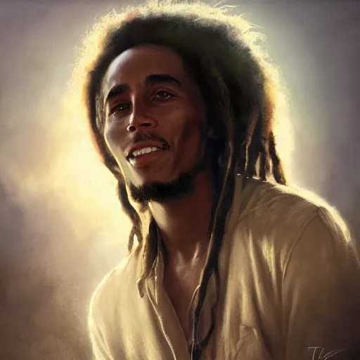 Image similar to closeup portrait of a young bob marley, serene light, gorgeous view, depth, high detail, digital art, painted by greg rutkowski and seb mckinnon, by tim burton, trending on artstation