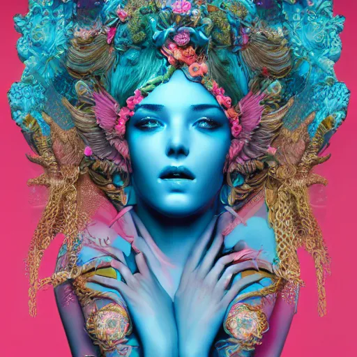 Prompt: Aphrodite Goddess of Love, intricate and vibrant natural colours, seductive, erotic, Portrait, Incredible blue and pink illustration, Exquisite detail, octane render 3, 8k, post-processing