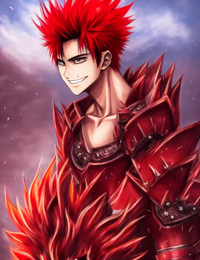 Image similar to a detailed manga portrait of an attractive tall boy with spiked crimson hair and a menacing smile in fiery crimson crystalline armour, trending on artstation, digital art, 4 k resolution, detailed, high quality, sharp focus, hq artwork, coherent, insane detail, character portrait