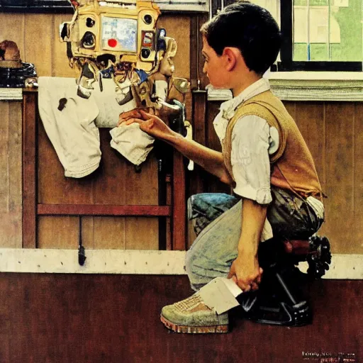 Prompt: a Norman Rockwell painting of a boy fixing his robot