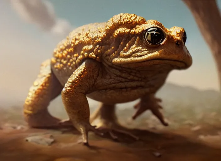 Prompt: landscape, a realistic portrait and realism, a humanoid toad walking in 1 9 3 0 s clothes, fine art, sharp focus, digital art, bright colors, trending on artstation, unreal engine.