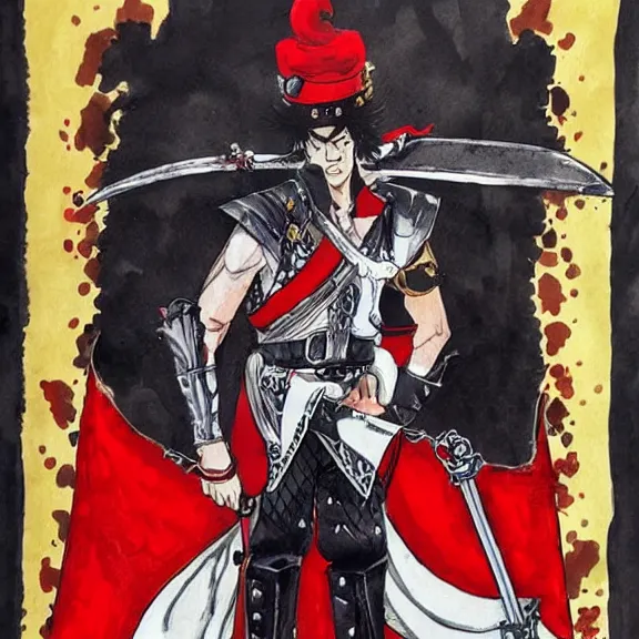 Prompt: full body portrait of Kujo Jotaro in heavy knight armour sit on the vampire style throne with scarlet red long sword like a cobra in his left hand . Precise, epic and thick ink painting style, light colors