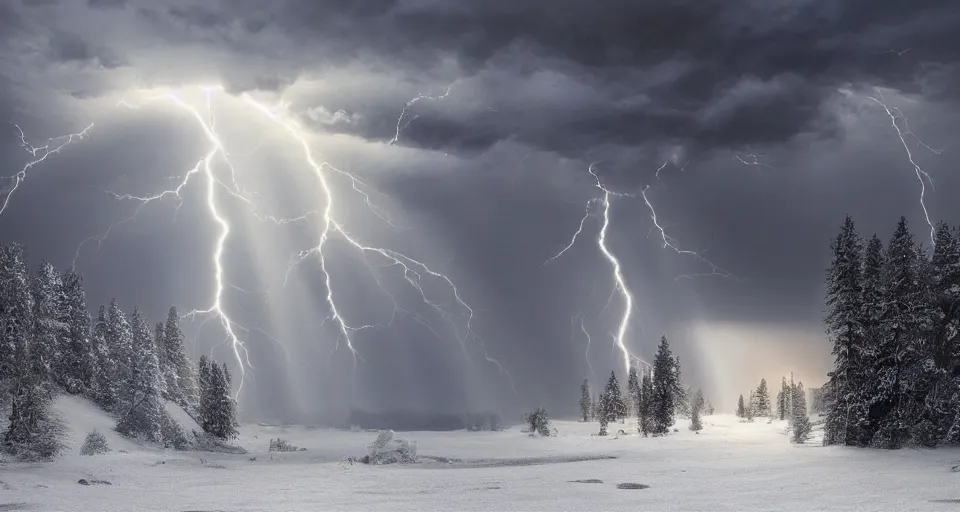 Image similar to heaven!! angels!! god rays, snowy, windy, by eugene von guerard, ivan shishkin, night, lightning!!, storm!, dramatic lighting, concept art, trending on artstation, 8 k