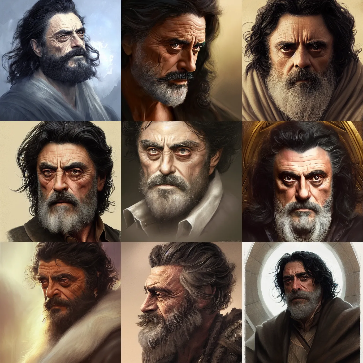 Prompt: ian mcshane, beard, god of wealth, god of the underworld, D&D, fantasy, portrait, highly detailed, digital painting, trending on artstation, concept art, sharp focus, illustration, art by artgerm and greg rutkowski and magali villeneuve