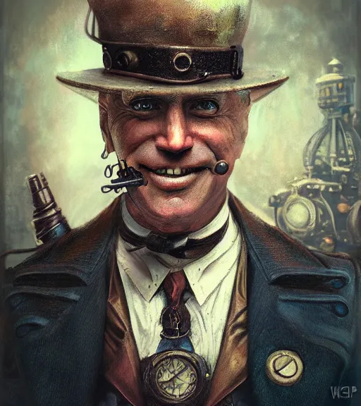 Image similar to portrait of steampunk joe biden cosplaying, by wlop, by simon stalengrad, by ilya repin, bioshock screenshot, photorealistic fan art, detailed shading, intricate abstract, steampunk, expressionism