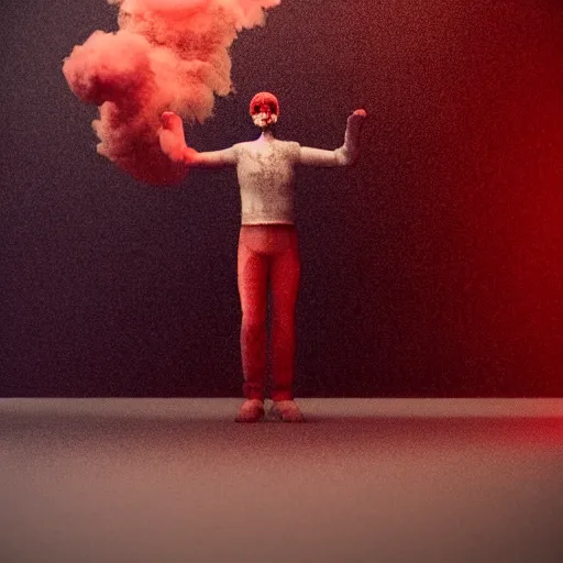 Image similar to man made of smoke in the style of no known artist stands on a red rubber ball, octane render, dramatic lighting, cinematic