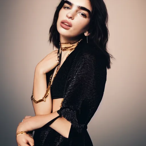 Prompt: dua lipa wearing black robe and golden necklace cinematic photoshoot high quality highly affordable photo realistic 8 k hd