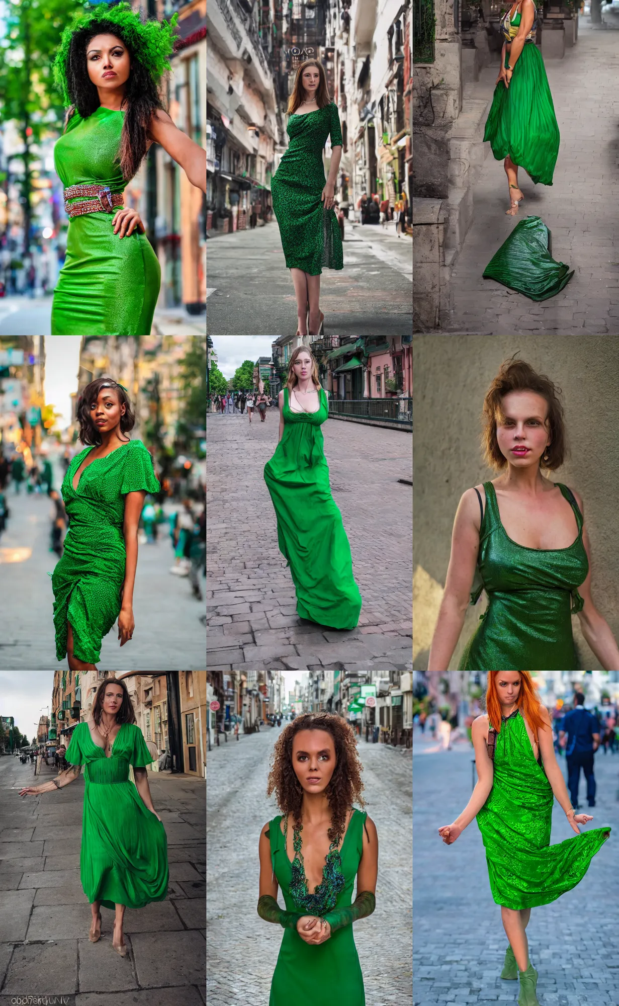 Prompt: a full shot photo of green dress woman, streets, colorful, goddess, caucasian, feminine, nighttime, daytime, glow up, realistic, 8 k, hdr, extremely detailed