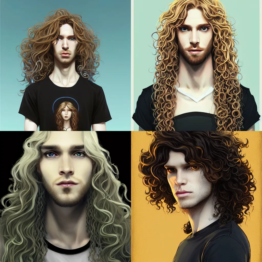 Prompt: a pretty pale androgynous opal prince with long curly blond hair wearing a black T shirt, very very very pale skin, very very curly blond hair, long blond curly hair, center parted bangs fringe hair, character design concept, cgsociety, by Gustave Repin and Dan Mumford, artstation