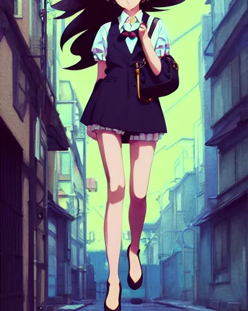 Image similar to cute girl in vest, walking in an alley. | very very anime!!!, fine - face, audrey plaza, realistic shaded perfect face, fine details. anime. realistic shaded lighting poster by ilya kuvshinov katsuhiro otomo ghost, magali villeneuve, artgerm, jeremy lipkin and michael garmash and rob rey
