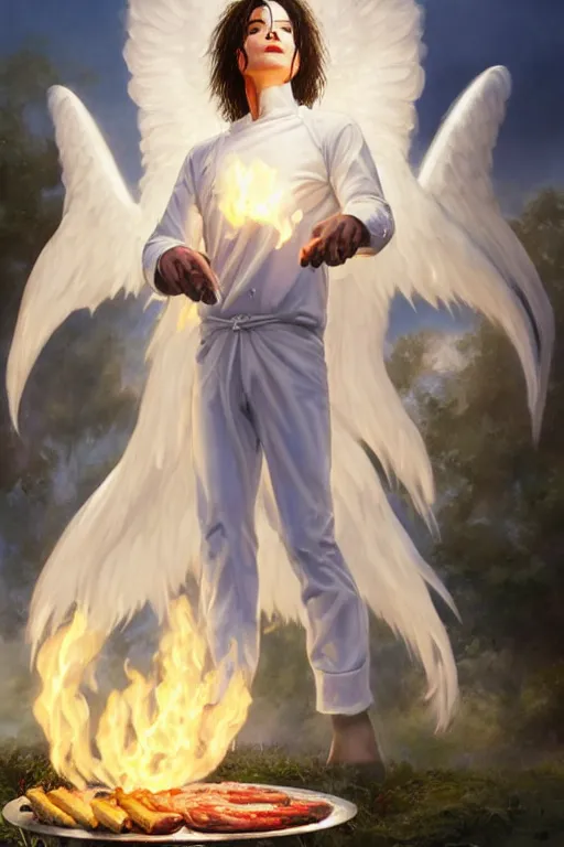 Image similar to white michael jackson cooking a bbq as a heavenly angel, anatomy, bathed in light, highly detailed, photorealistic, artstation, smooth, sharp focus, illustration, unreal engine 5, 8 k, art by artgerm and greg rutkowski and edgar maxence