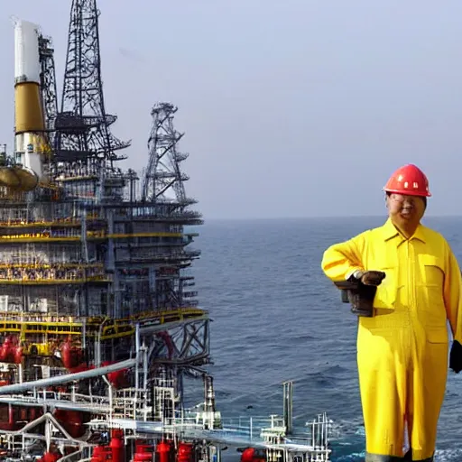 Prompt: xi jinping working on oil platform, wearing hardhat