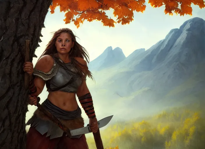 Prompt: a warrior, female, she rests an axe on her shoulder, she is grabbing a nearby tree, looking onto the horizon, a big wolf is next to her, fall, mountain landscape, portrait by magali villeneuve and ames jean and artgerm and greg rutkowski, 4 k, artstation, realistic, cinematic composition, d & d