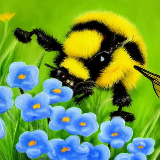 Prompt: cute fluffy bumblebee sitting on spring flowers detailed painting 4 k