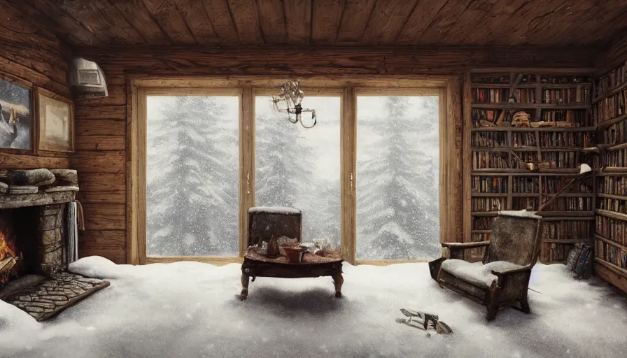 Prompt: A highly detailed matte painting of interior of old cabin in snowy forest, fireplace, bookshelves, old couch, snowing outside windows, by Studio Ghibli, Makoto Shinkai, by Artgerm, by WLOP, by Greg Rutkowski, volumetric lighting, octane render, 4K resolution, trending on artstation, masterpiece