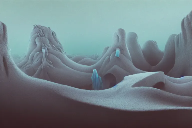 Image similar to a hd render of a surreal frozen landscape, by beeple and zdzisław beksinski and salvador dali