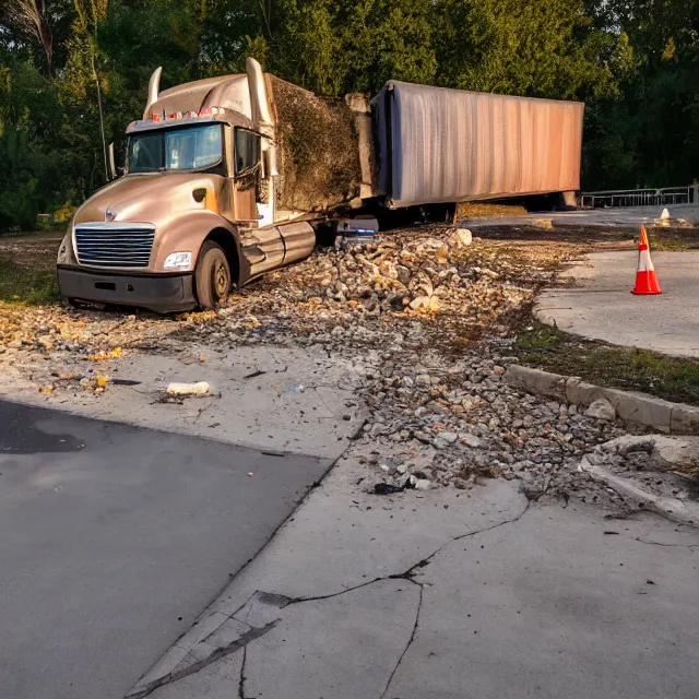 Prompt: semi truck crashing though a stone wall into an empty playground, security camera, photo, photorealistic, golden hour