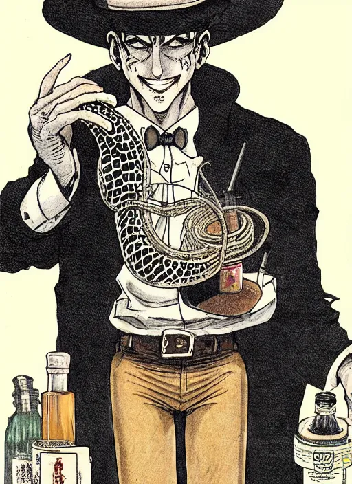 Prompt: portrait of a snake oil salesman wearing a snake suit and wide brimmed hat offering you a bottle of serum formula, art by Kentaro Miura, it idn't greasy