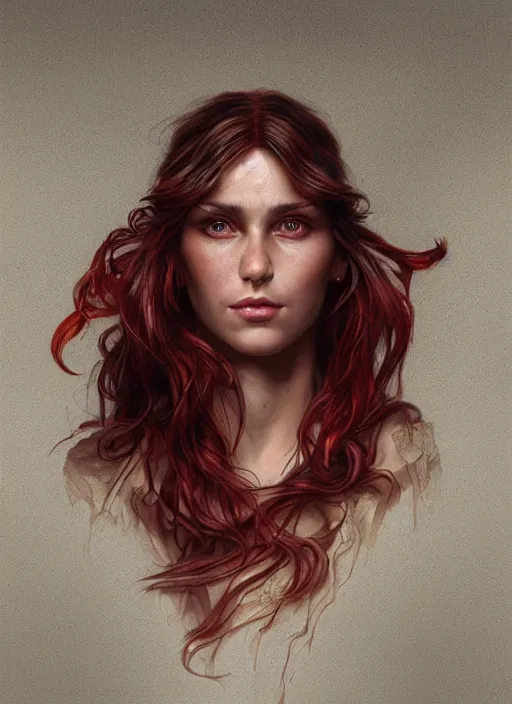 Image similar to vertical portrait of a ruggedly handsome female cleric, soft hair, close - up face, leather, witchy, d & d, fantasy, intricate, elegant, highly detailed, digital painting, artstation, concept art, smooth, sharp focus, illustration, art by artgerm and greg rutkowski and alphonse mucha, plain red background